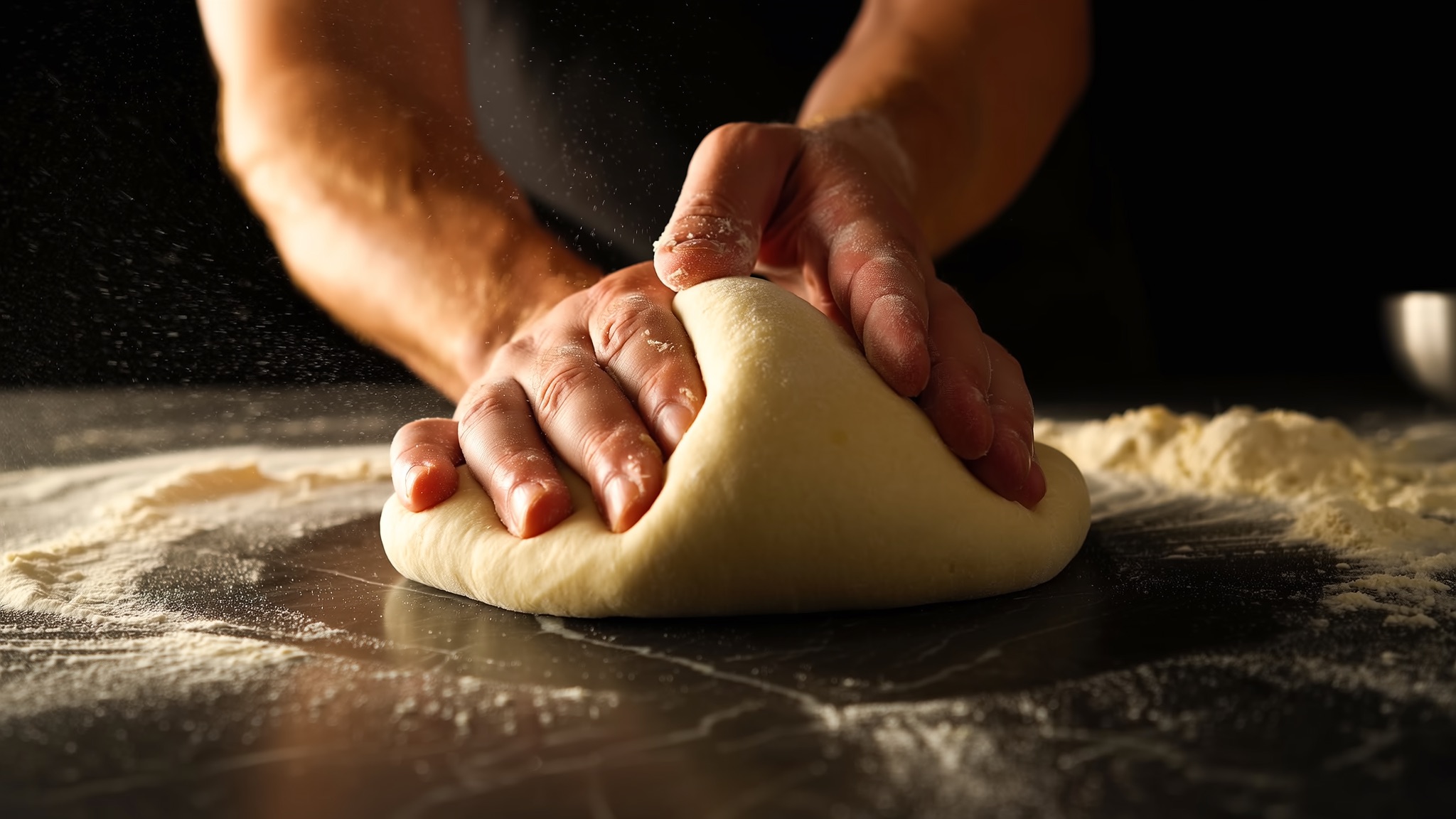 Mâini care frământă aluatul de pizza